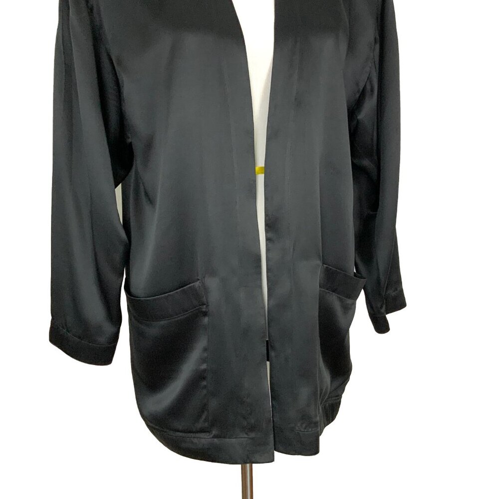 Black Satin Silk Open-Front Jacket Kimono-Style Robe Sz M - Picture 4 of 16